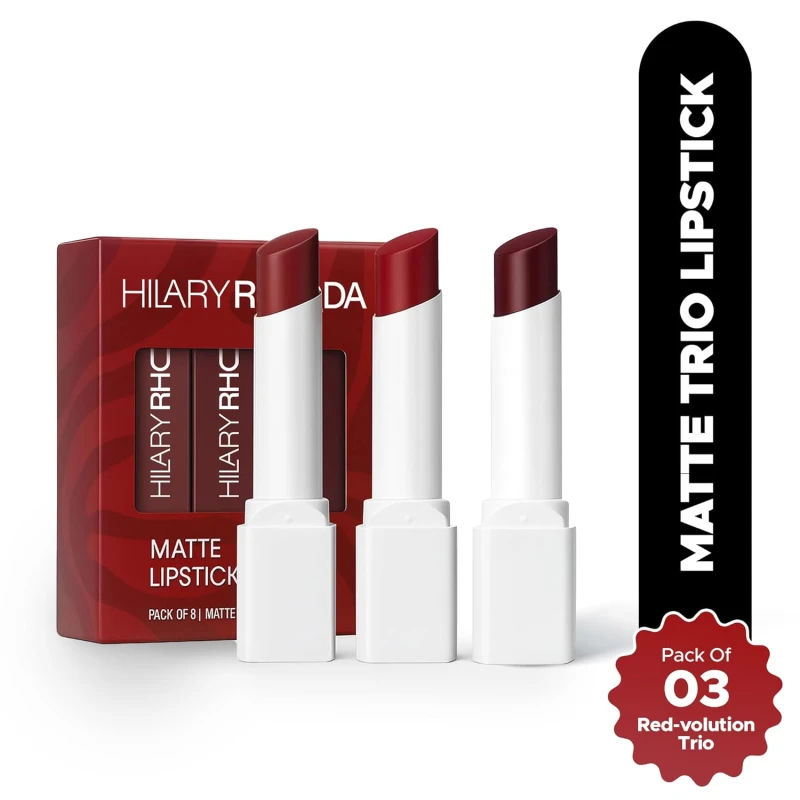 Hilary Rhoda Matte Trio Lipstick | Matte Finish & Long Lasting Lipstick | Pack of 3 Lipsticks | Highly Pigmented & Glides Smoothly | Vegan & Cruelty-Free - (Red-volution Trio, 3g x 3U) thumbnail 2